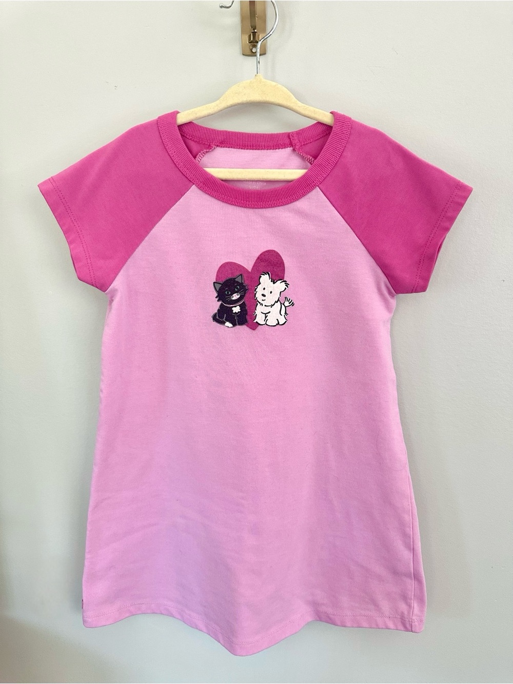 Y2K American Girl Pink Raglan Cat Dog Graphic Shirt Dress Girls Size S 6/7